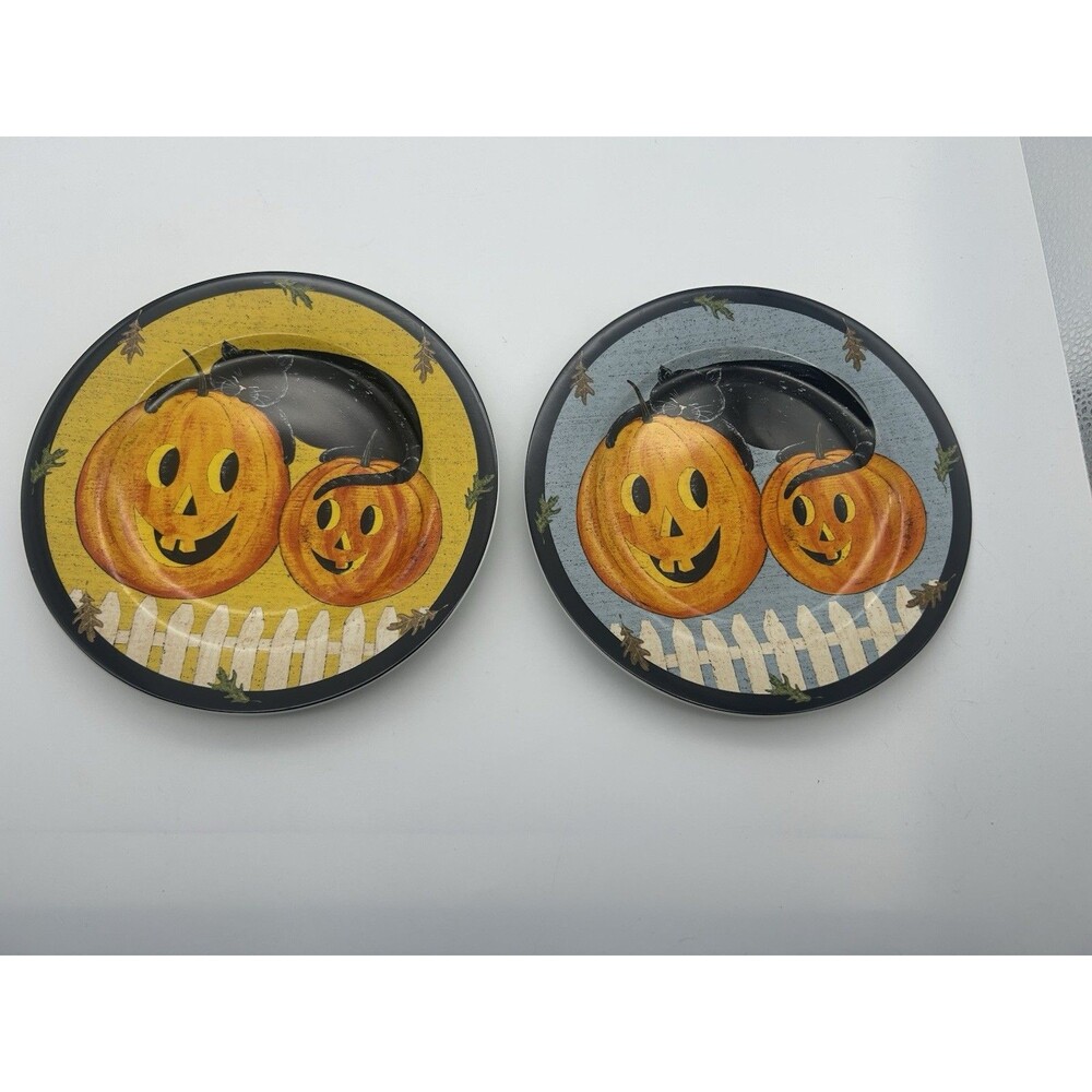 Sakura Warren Kimble Pumpkin Dreams Plates Set of 2 Halloween Jack-O-Lantern Cat